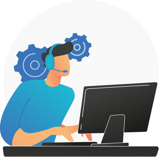2D Grafik eines Mannes mit einem Headset vor dem Computer